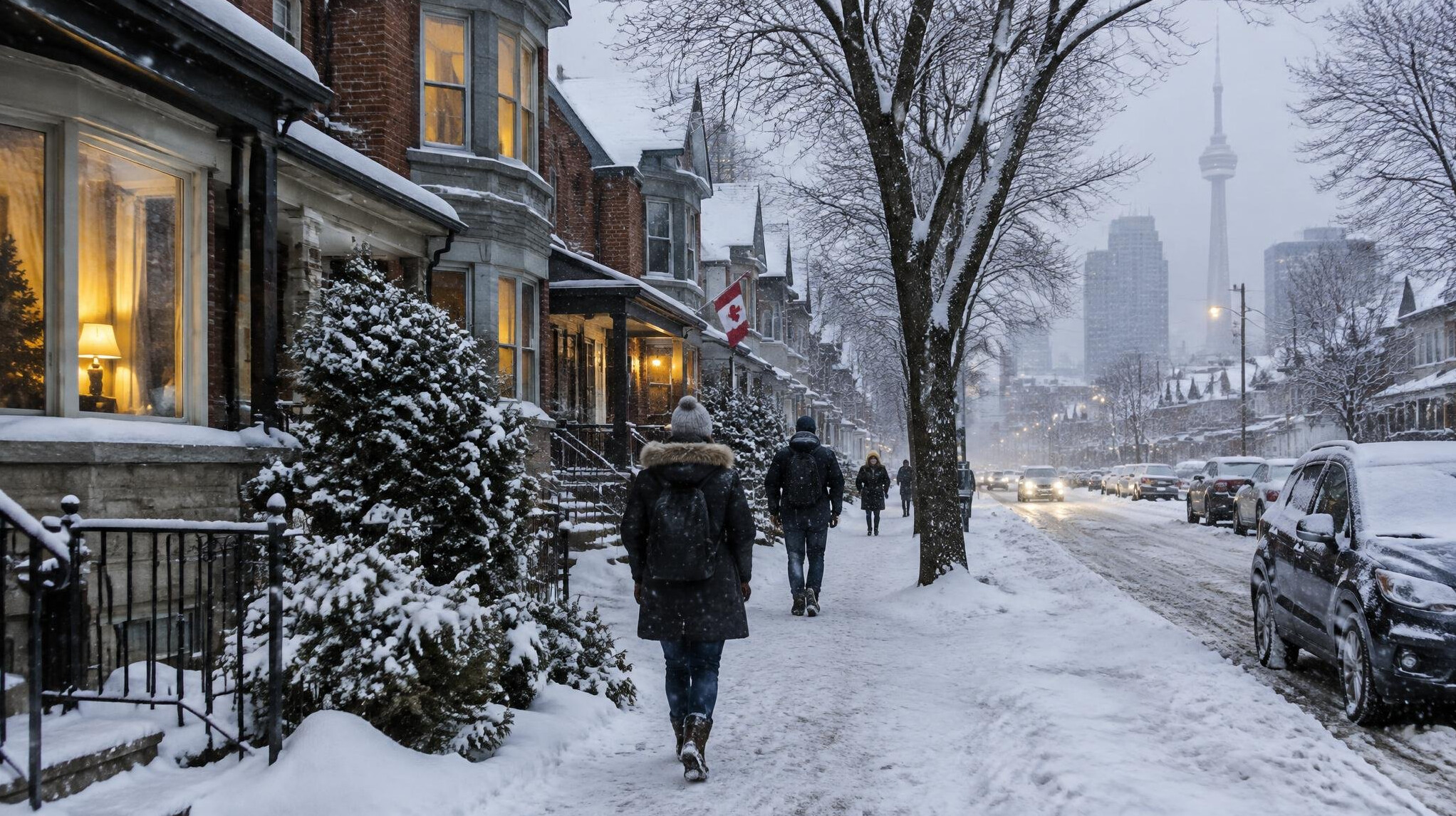 Snow-covered street in a Canadian city during winter