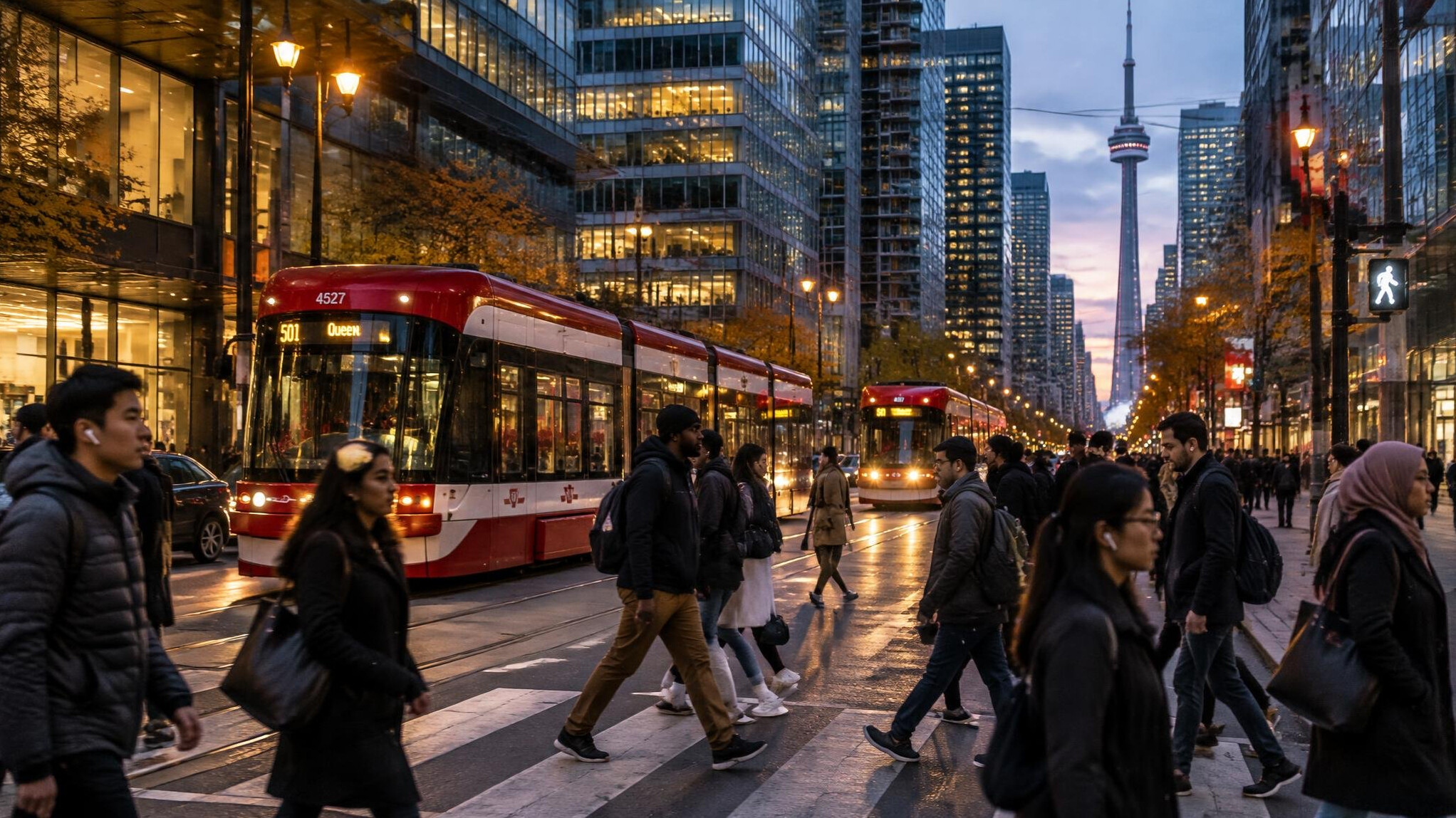 Busy city street in Toronto at dusk with commuters and streetcars