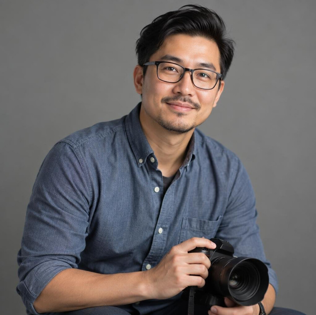 Portrait of an Asian-Canadian photographer wearing glasses