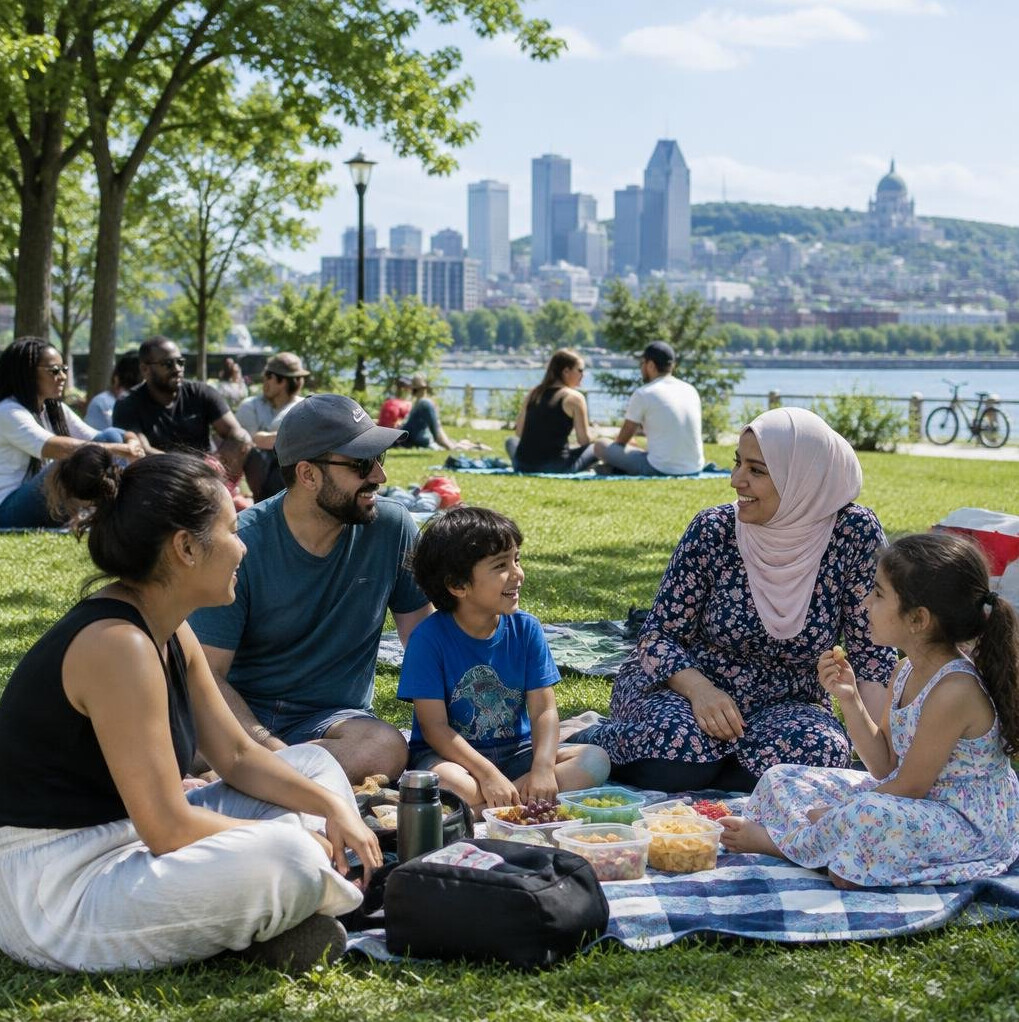 Families relaxing in a city park during summer