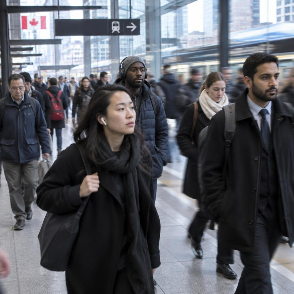 Commuters walking through a downtown transit station in the morning