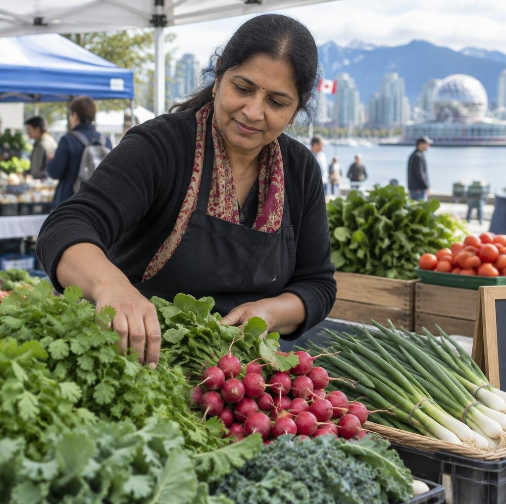 Vendor arranging produce at an outdoor farmers market